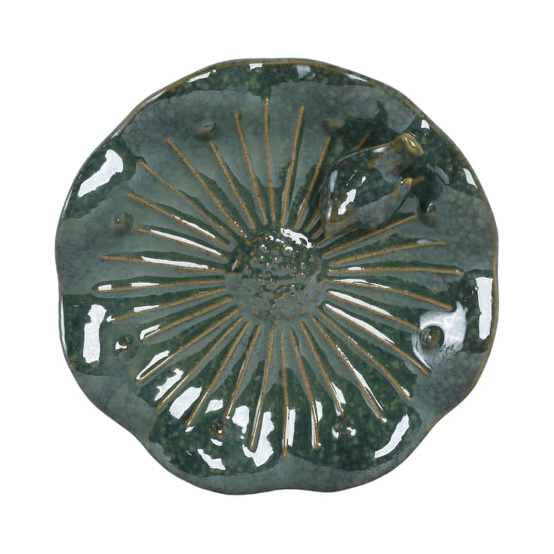 Stoneware Flower Birdbath Perched Bird in Glaze Finish - 10" Green - 10" x 10" x 2"