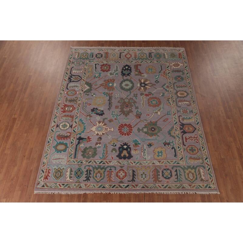 Floral Purple Oushak Area Rug Handmade Wool Carpet - 8'1"x 9'11"