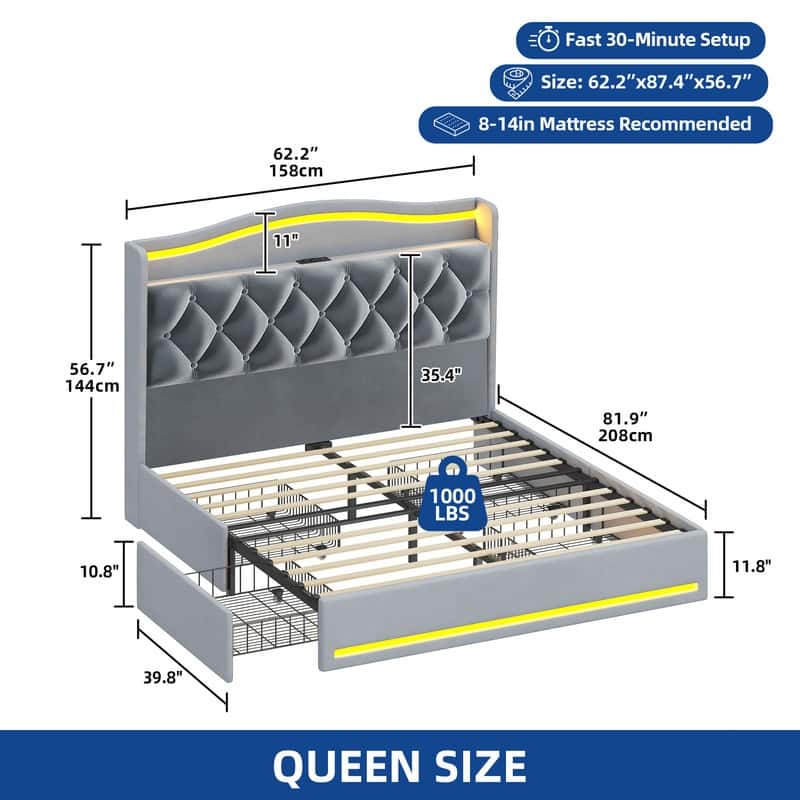 Moasis Queen Size Velvet Upholstered Bed Frame with 4 Storage Drawers & RGB Lights