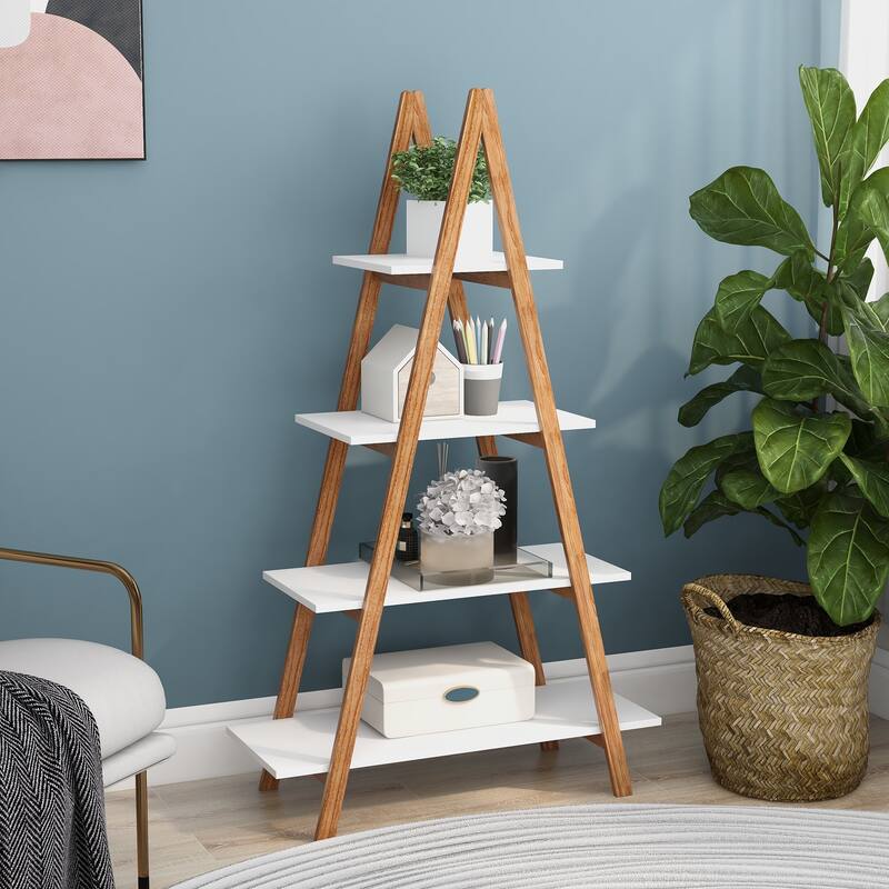 4-Tier Solid bamboo Wood "A" Frame Ladder Display Bookshelf - White-53.54" H