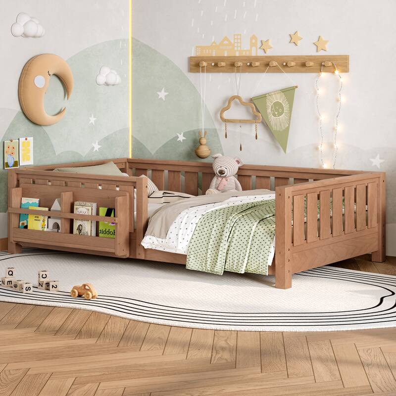 Montessori Floor Bed Low Profile Kids Bed with Rails & Bookshelf