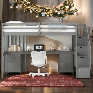 Twin Loft Bed with Desk & Storage Drawers - Gray