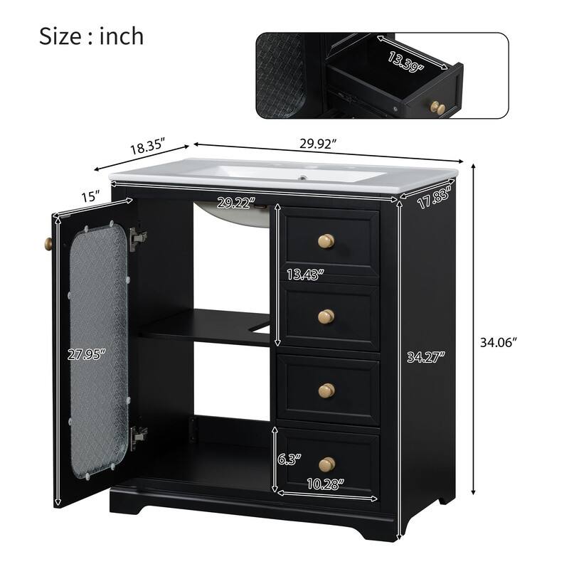 30''/36'' Bathroom Vanity with Sink, 3 Drawers Bathroom Storage Cabinet with Soft-Close Glass Door and Adjustable Shelf