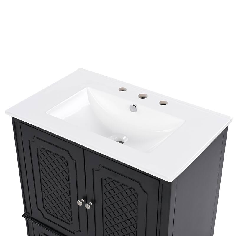 Roomfitters 30" Vintage Style Bathroom Vanity with Ceramic Sink, Customizable Storage Drawer and Soft-Close Door