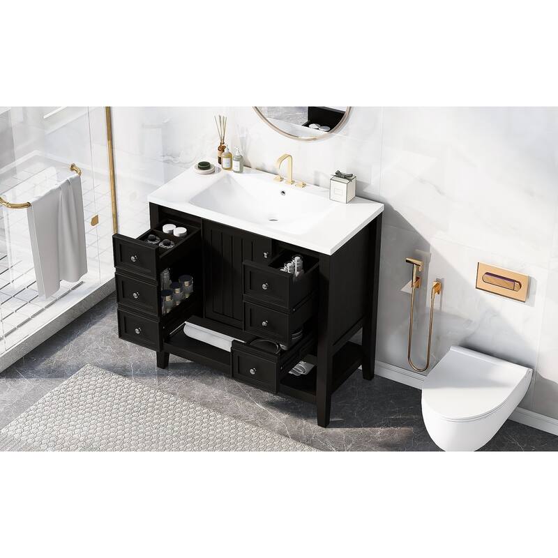 36-Inch Bathroom Vanity with Ceramic Sink - Solid Wood Frame, 3 Drawers, 1 Cabinet & Shelf - Modern Freestanding Design