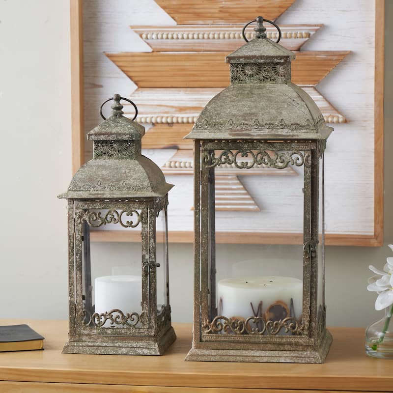 Brown Metal Distressed Vintage Inspired Ornate Scroll Indoor Outdoor Candle Lantern (Set of 2)