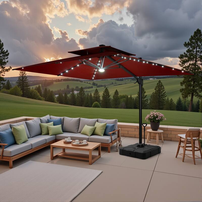 9 FT x 11 FT Outdoor LED Lighted Double Top Patio Cantilever Umbrella with Base - Red