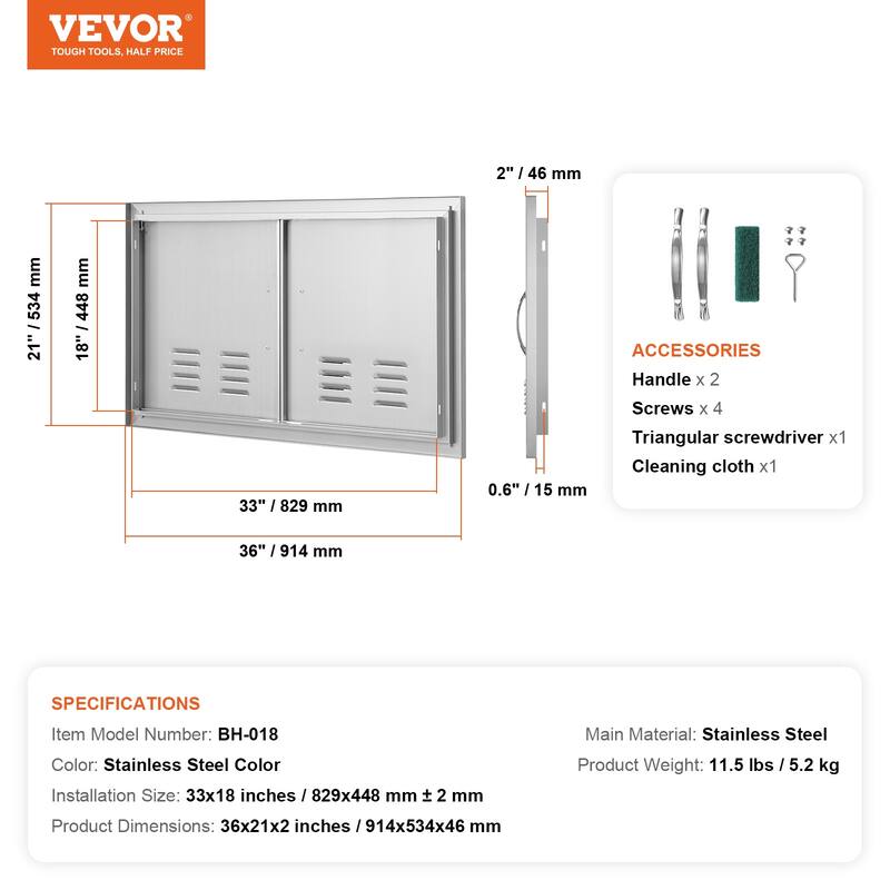 VEVOR Stainless Steel Outdoor Kitchen Access Door, 30W x 21H Inch