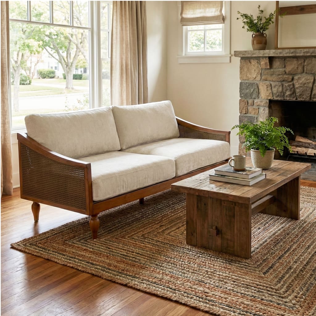 Christopher Knight Home - Riverton Mid-Century Upholstered Loveseat Sofa with Rattan Armrests