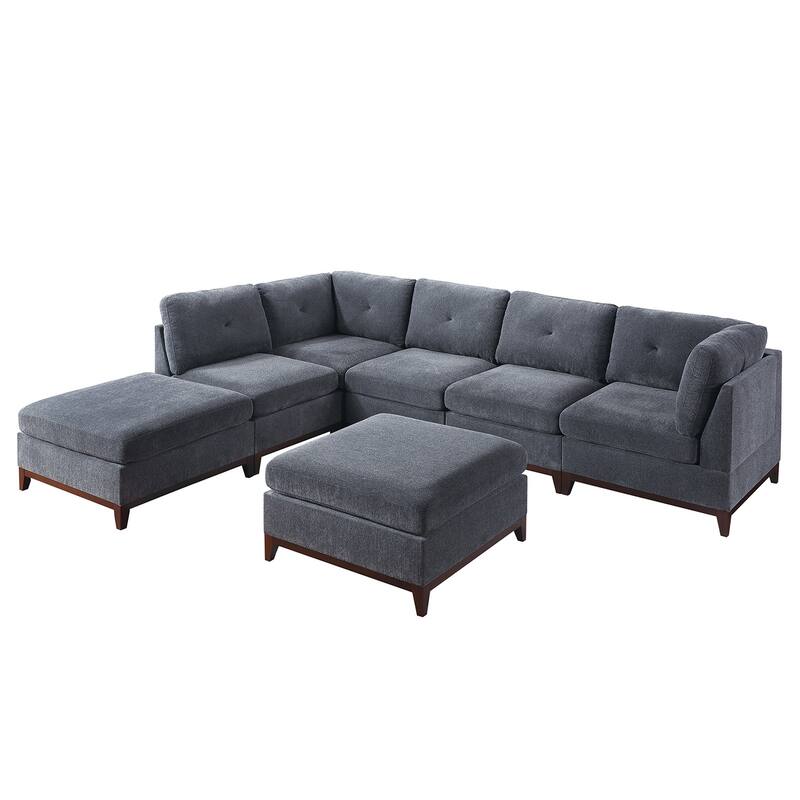 7 Piece Chenille Fabric Modular Sectional Sofa and Ottoman Set - Ash Grey