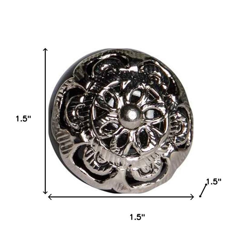 HomeRoots Set of Twelve Black And Silver Ceramic Filigree Floral Drawer Pull Knobs - 1.50 in. x 1.50 in. x 1.50 in.