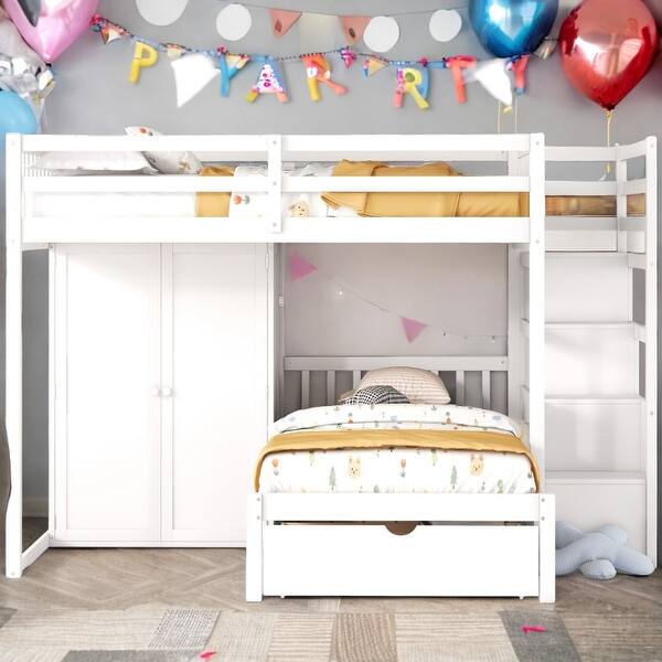 slide 2 of 30, Space-Saving Design Full Over Twin Bunk Bed with Wardrobe, Convenient Footboard Drawer White