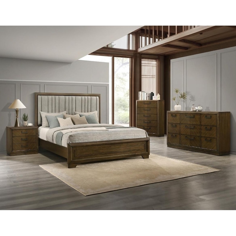 Brown Panel Upholstered Bed Dresser Chest Nightstand Set 4pc Bedroom Wooden Furniture