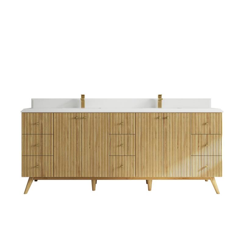 Willow Collections 84 in. W x 22 in. D Pasadena Solid Teak Double Sink Bathroom Vanity with Countertop - 1.5"White - Light Natural