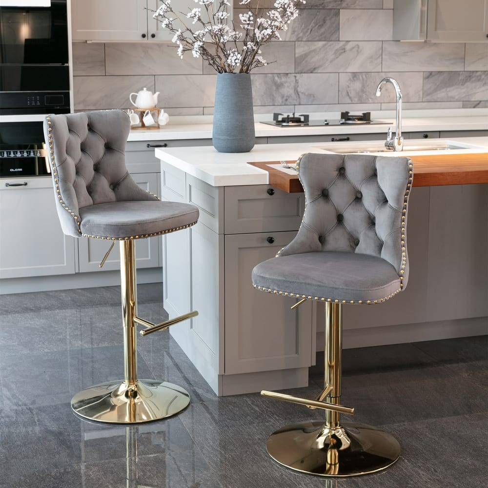 Swivel Velvet Barstools with Adjustable Seat Height Set of 2