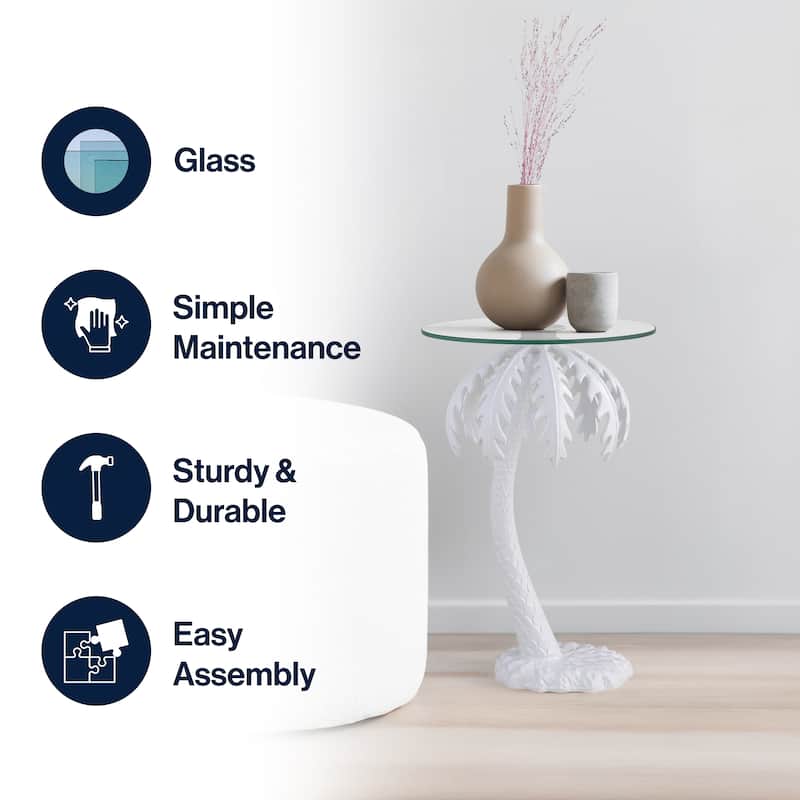 Hedda 24.75" Glass Top Metal Palm Tree End Table, White, by JONATHAN Y