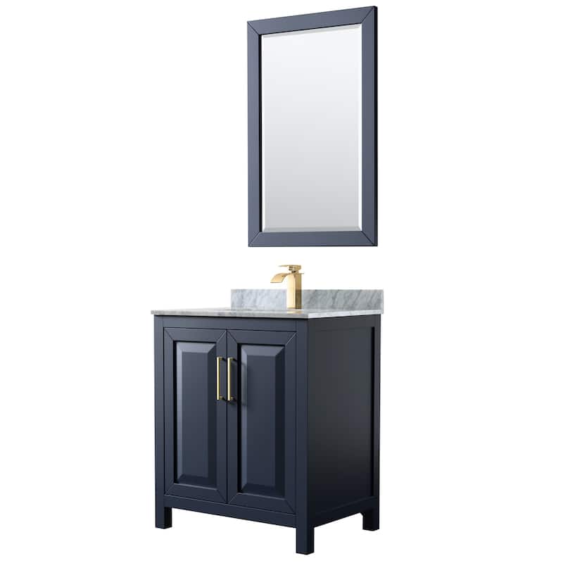Daria 30-inch Single Vanity, Marble Top, 24-inch Mirror - Dark Blue, Gold Trim, White Carrara Marble Top
