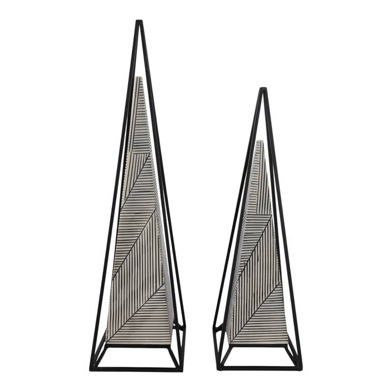 Iron Wood Pyramid Sculpture Geometric Design (Set of 2) - 26/21" Multi - 7" x 7" x 26"