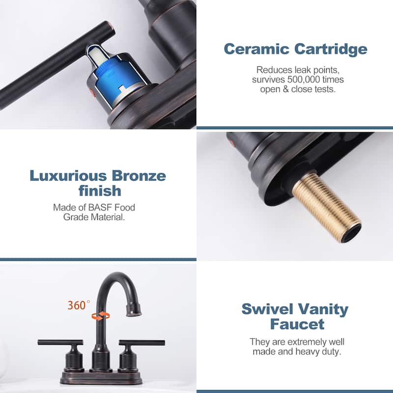 WOWOW 4 in. Centerset Double Handle Bathroom Faucet with Drain Kit Included