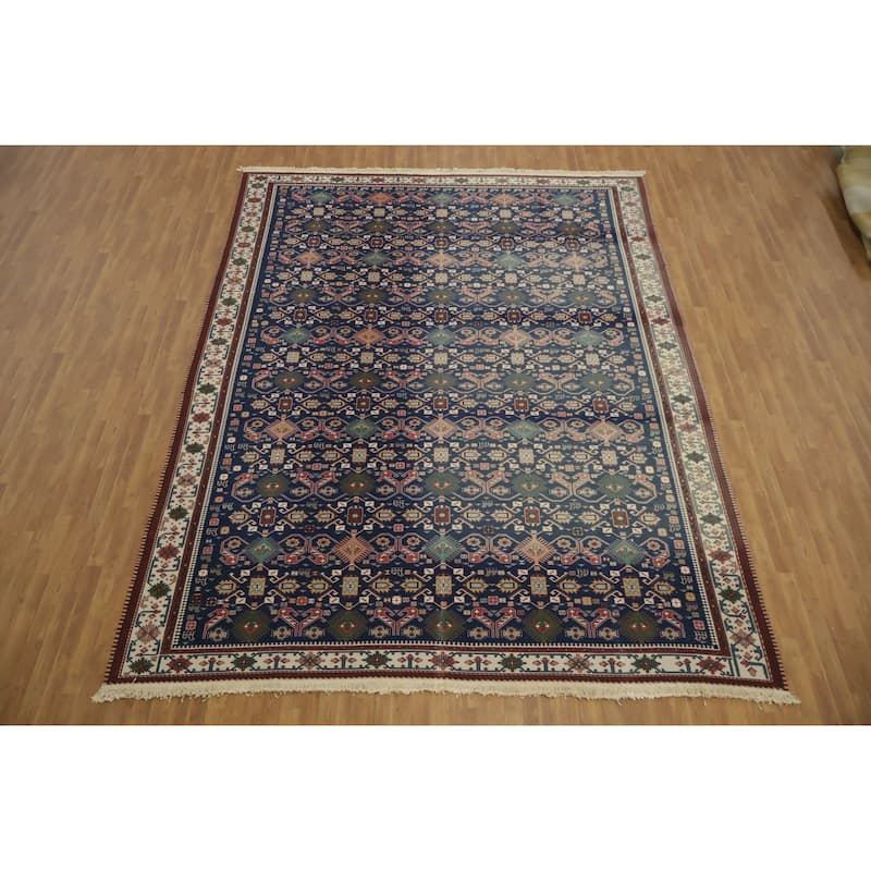 Hand Woven Oriental 100% Wool Carpet Traditional Geometric Navy Blue & Blues Sumak Area Rug - 14' 0'' X 10' 6''