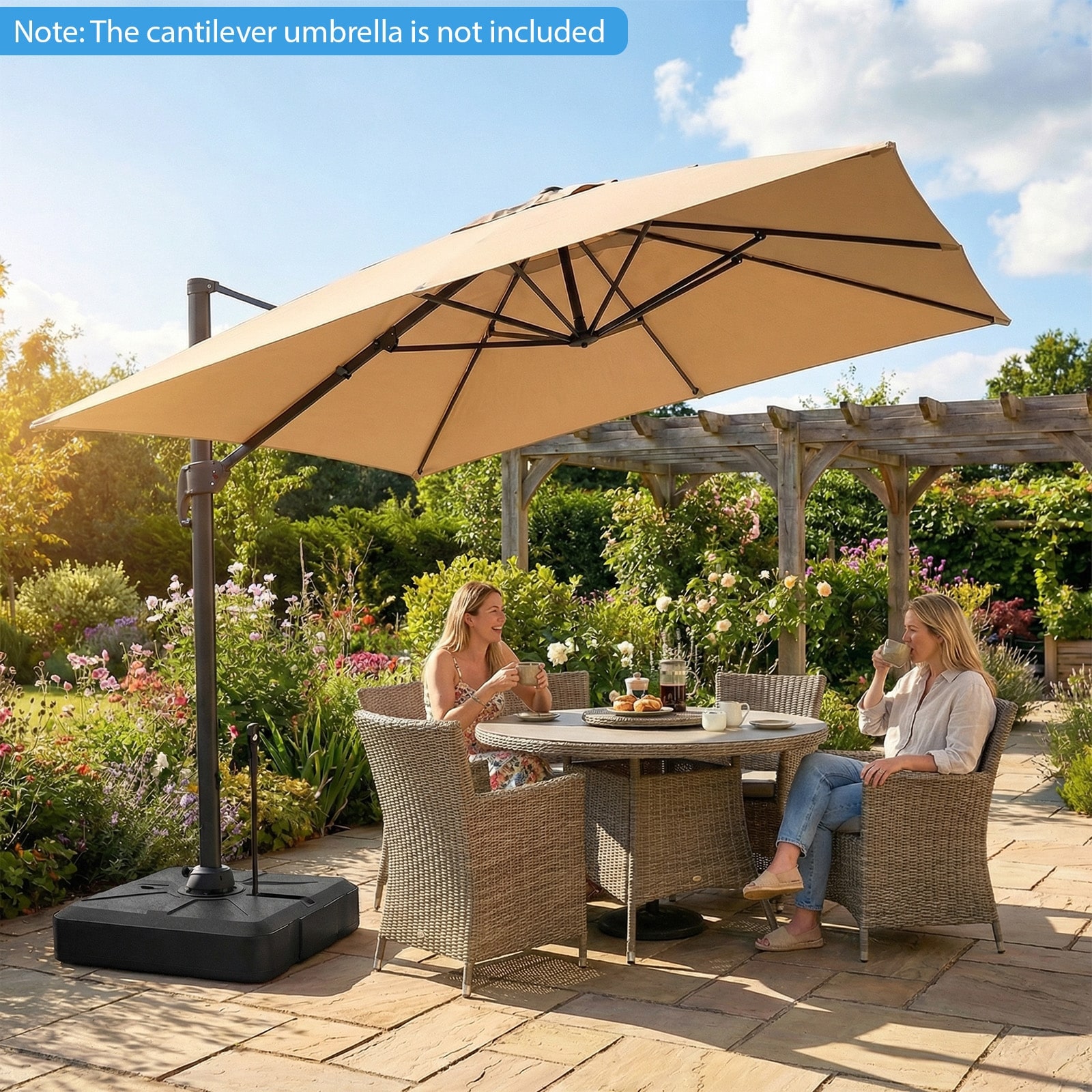 brown patio umbrella base with hidden wheels Costway Cantilever Umbrella Base with Wheels, Retractable Pull Rod,