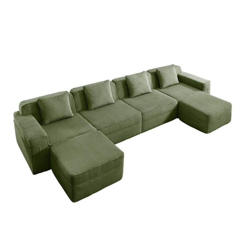 4-Seat U-shaped Corduroy Modular Boneless Cloud Sofa with 2 Movable Ottomans