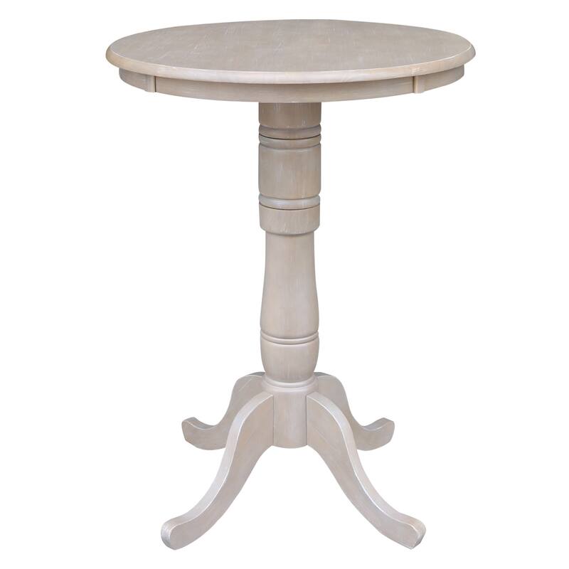 Solid Wood Round Pedestal Table in Washed Gray Taupe - Washed Gray Taupe Bar Height