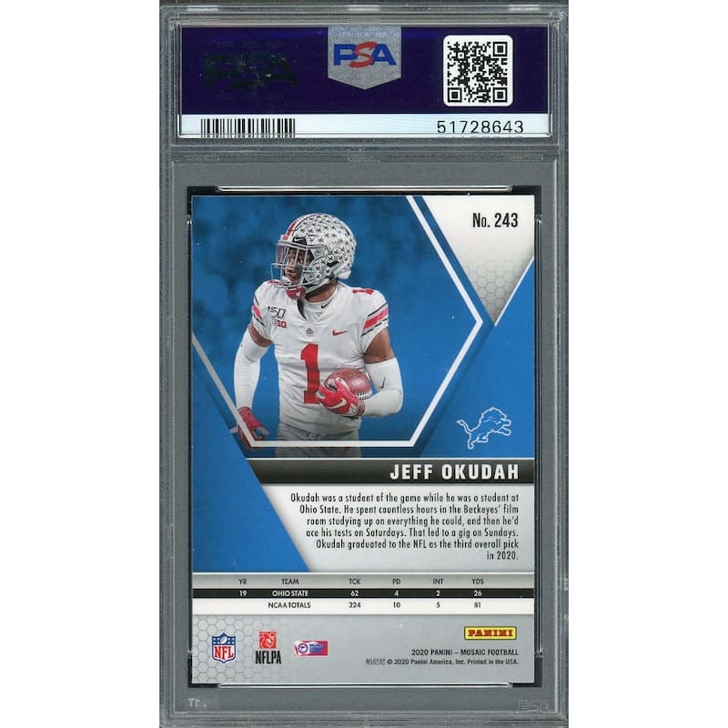 Jeff Okudah 2020 Panini Mosaic Football Rookie Card RC #243 PSA 9 - 8'6" x 11'6"