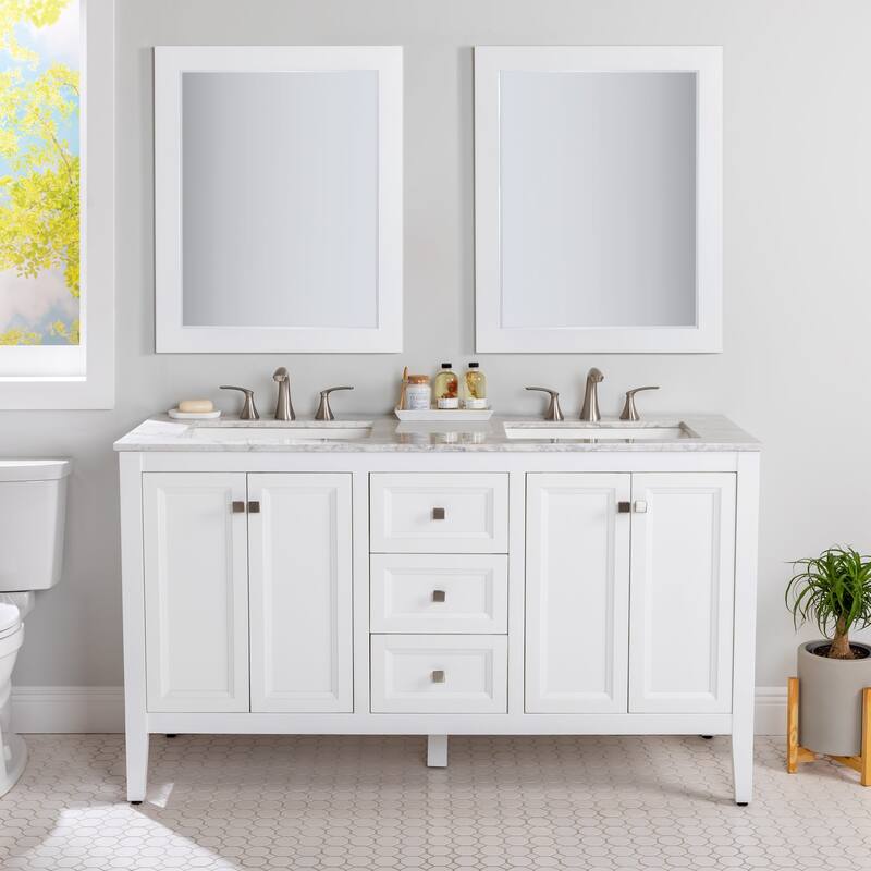Cartland 61" Double-Sink Bathroom Vanity With 2 Cabinets, 3 Drawers, and Sink Top - White Cabinet/Winter Mist Top