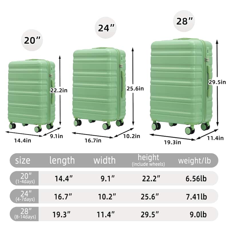 3-Piece, 20, 24, 28-Inch Modern Luggage with Side Handle, Swivel Wheels and TSA Combination Lock, for Boarding Travel
