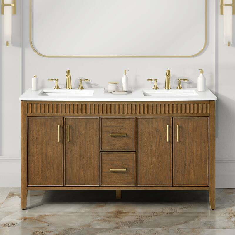 OVE Juliette Warm Walnut Bathroom Vanity with White Quartz Top - 60" - Warm Walnut