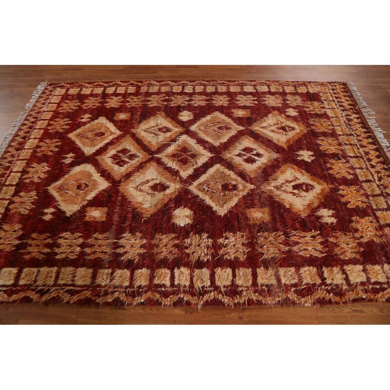 Hand Knotted Oriental 100% Wool Carpet Modern Tribal Red Moroccan Area Rug - 8' 0'' X 5' 7''