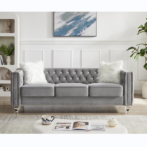 Velvet Upholstered Three seater Sofa with Crystal Buckle Tufted Back On Sale Bed Bath Beyond 38952178