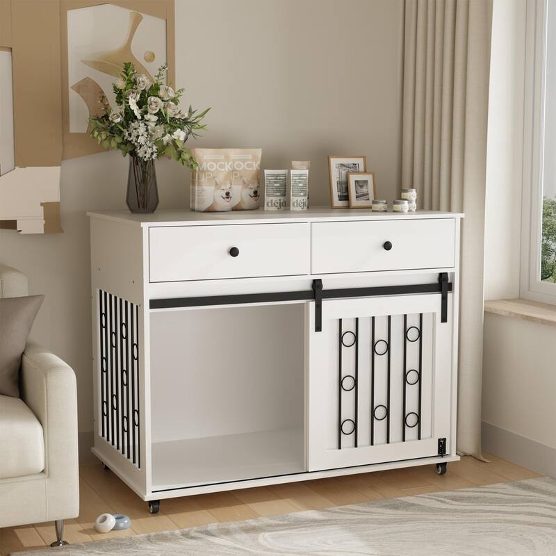 39.37" Dog Crate Furniture with Double Drawers and Sliding Barn Door, Decorative Pet Kennel End Table with Lockable Wheels