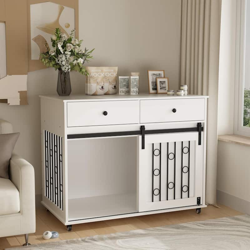 Wooden Dog Crate with Lockable Wheels, 2 Drawers & Sliding Barn Door, Decorative Pet Kennel End Table for Small to Medium Dogs