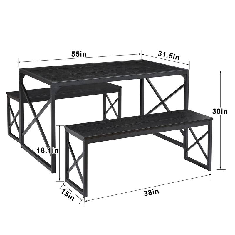 VECELO 3-pieces Dining Table with Bench, Dinning Room Table Set for 4-6, Kitchen Table with 2 Benches Dining Table Set