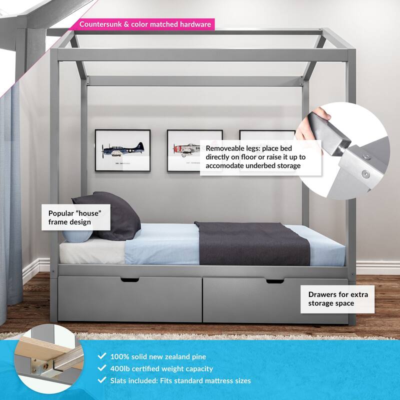 Max and Lily Twin House Bed with Storage Drawers