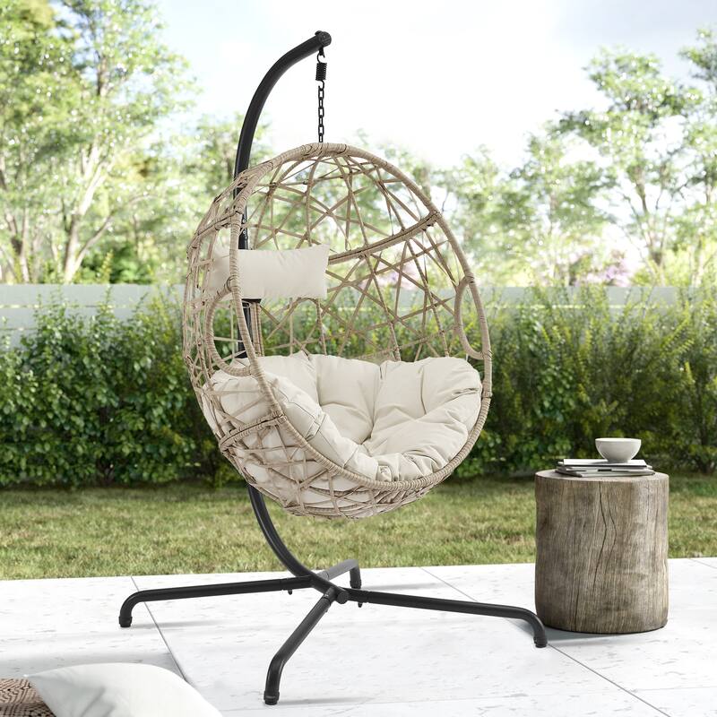 Swing Egg Chair with Stand and Cushion for Indoor Outdoor Use - Beige