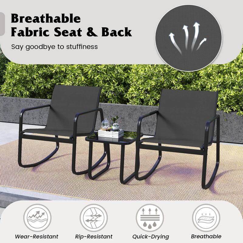 Costway 3 Piece Patio Rocking Set 2 Rocking Bistro Chairs & Glass-Top - See Details