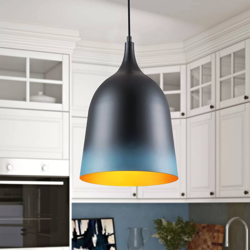 1-Light Modern Matte Black&Gradient Blue Cylinder Pendant Light for Kitchen Island - 10.6 in. W x 97.4 in. H - 10.6 in. W x 97.4 in. H - Black/Gradient Blue