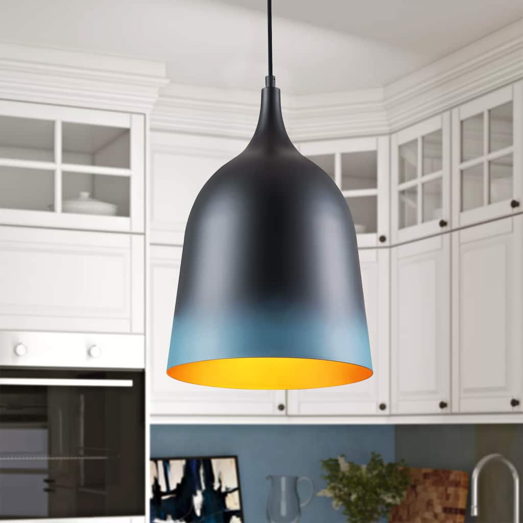 1-Light Modern Matte Black&Gradient Blue Cylinder Pendant Light for Kitchen Island - 10.6 in. W x 97.4 in. H