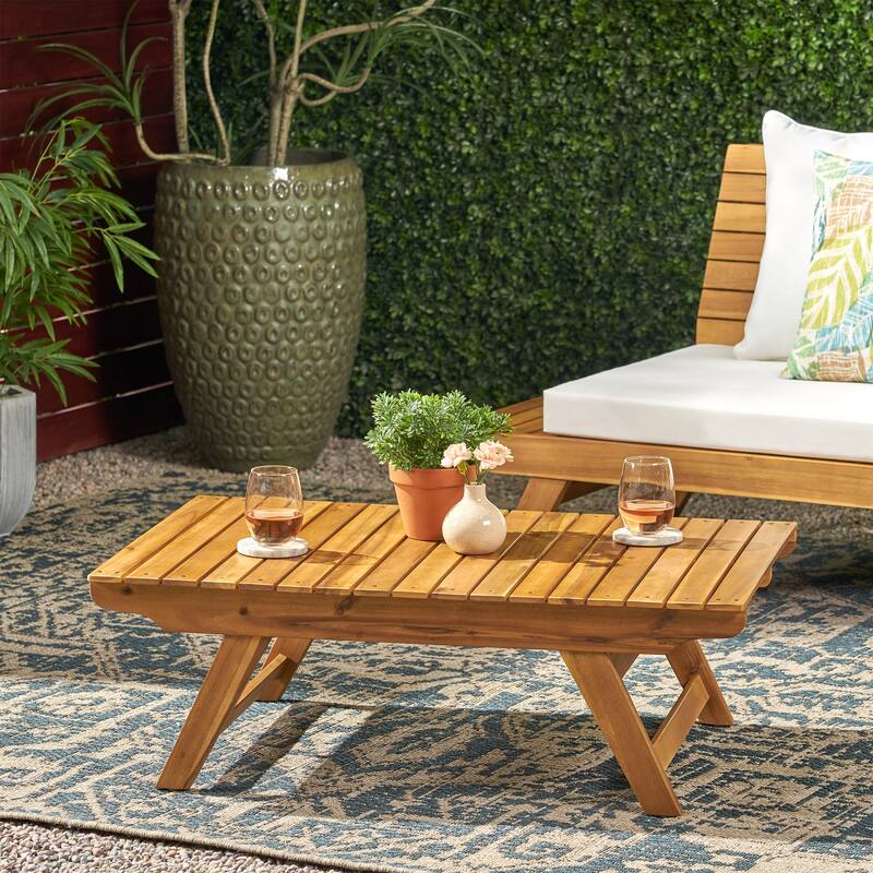 Roomfitters Outdoor Acacia Wood Coffee Table, Slatted Top with Angled Legs, Weather-Resistant Patio Accent, Teak