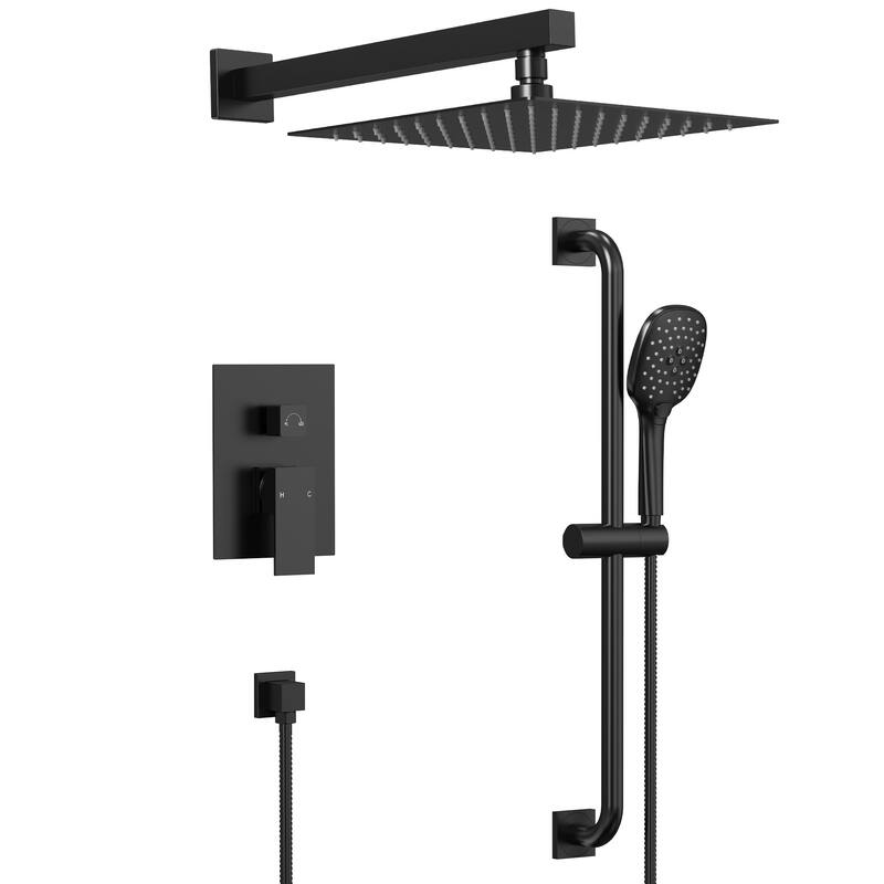 GRANDJOY 2-Spray Concealed Rain Shower System with Handheld, Wall-Mount Modern Design - Matte Black