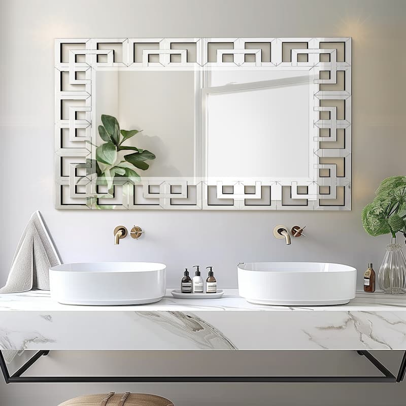 Large Elegant Geometric Border Beveled Decorative Wall Mirror for Home - 40in.Wx28in.H
