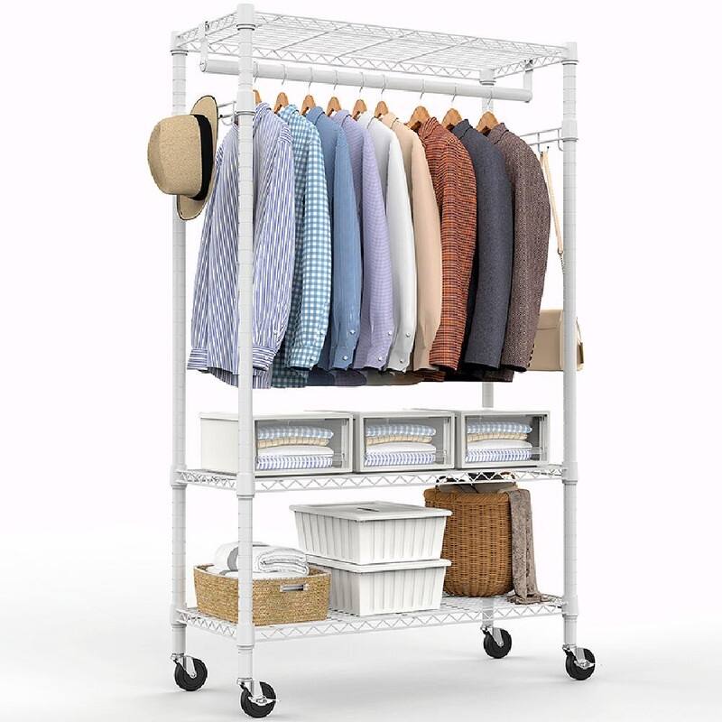 Heavy Duty Rolling Garment Rack with Wheels, 3-Tier Adjustable Wire Shelving, Clothes Rack with Rods & Side Hooks