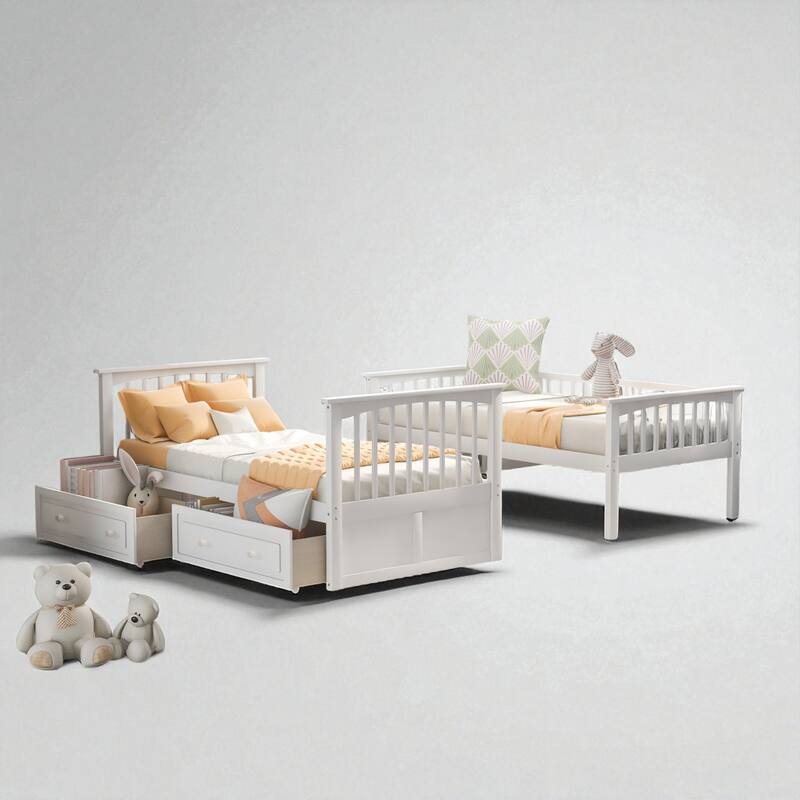Twin Over Twin Convertible Bunk Bed with Storage Drawers, Fence Guardrail, Solid Wood Frame, No Box Spring Needed