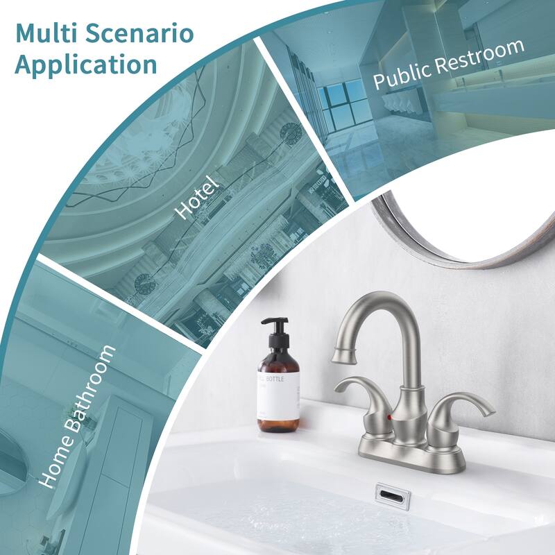 Modern 2 Handle 360 Degree Swivel Bathroom Vanity Sink Faucet with Pop Up Drain and Water Supply Hose, Aerator, Water Saving