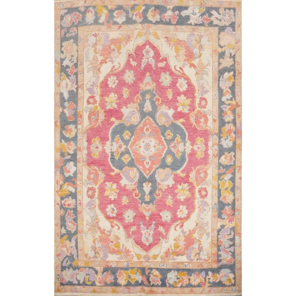 Hand Knotted Oriental 100% Wool Carpet Transitional Floral Pink Oushak Area Rug - 6' 10'' X 5' 0''