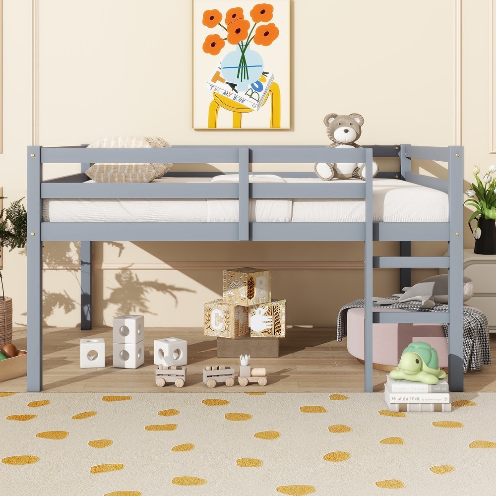 Solid Pine Loft Bed Frame with Ladder and Guardrail, Low Loftbed Frame, Wooden Loft Bed with Under Bed Storage