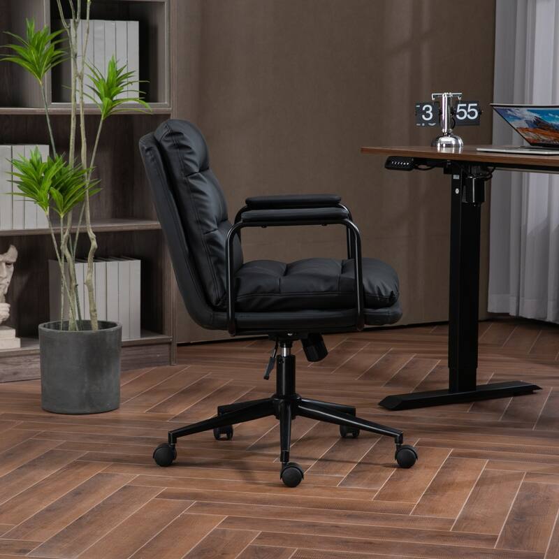 Mid-back Home Office Chair PU Leather Computer Chair with Padded Armrests Tilted and Wheels, for Office